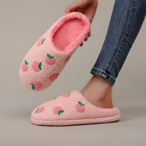 Pink Peach Embroidered Furry Indoor Slippers for Winter