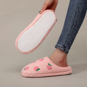 Pink Peach Embroidered Furry Indoor Slippers for Winter