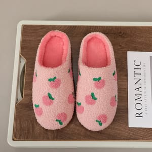 Pink Peach Embroidered Furry Indoor Slippers for Winter