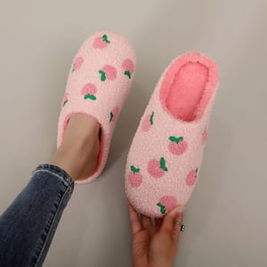 Pink Peach Embroidered Furry Indoor Slippers for Winter