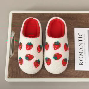 White Strawberry Embroidered Furry Indoor Winter Slippers