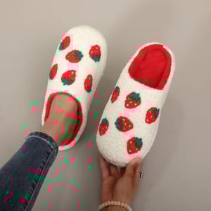 White Strawberry Embroidered Furry Indoor Winter Slippers