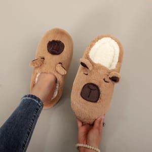 Capybara Plush Furry Indoor Slippers with Soft Non‑Slip Soles