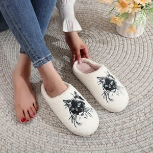 Cat Embroidered Furry Indoor Slippers with Thick Soft Soles