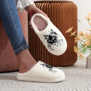 Cat Embroidered Furry Indoor Slippers with Thick Soft Soles