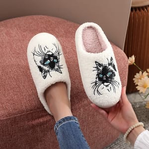 Cat Embroidered Furry Indoor Slippers with Thick Soft Soles