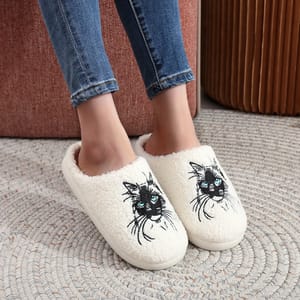 Cat Embroidered Furry Indoor Slippers with Thick Soft Soles