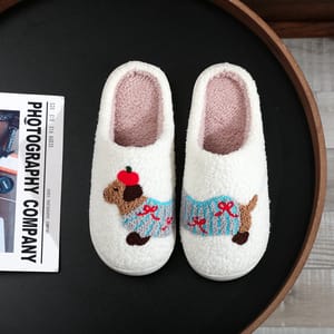 Dachshund Embroidered Furry Indoor Slippers with Thick Soft Soles