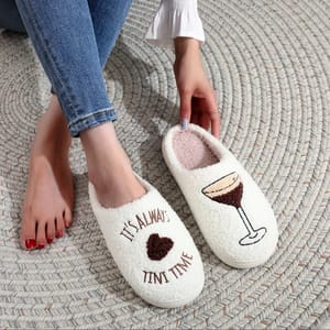 Martini Time Embroidered Furry Indoor Slippers for Cozy Comfort