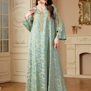 Elegant Floral Print Jacquard Jalabiya with Beaded Appliques Elegant Floral Print Jacquard Jalabiya with Beaded Appliques