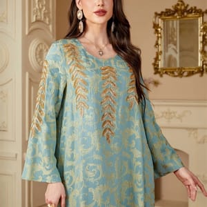 Elegant Floral Print Jacquard Jalabiya with Beaded Appliques Elegant Floral Print Jacquard Jalabiya with Beaded Appliques