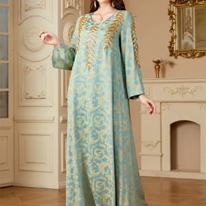 Elegant Floral Print Jacquard Jalabiya with Beaded Appliques Elegant Floral Print Jacquard Jalabiya with Beaded Appliques