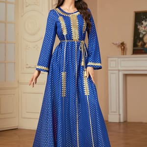 Polka Dot Embroidered Jalabiya with Belt and Long Sleeves