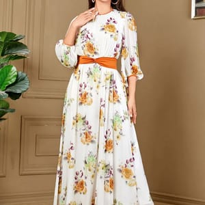 Printed Arabic Robe Jalabiya with Bow Belt and Lantern Sleeves