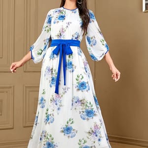 Printed Arabic Robe Jalabiya with Bow Belt and Lantern Sleeves