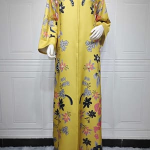 Elegant Burnt Flower Embellished Long Jalabiya with O-Neck Design