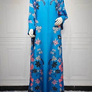 Elegant Burnt Flower Embellished Long Jalabiya with O-Neck Design