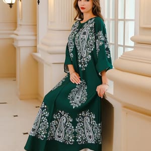 Floral Print Beaded Jalabiya with Folded Long Sleeves Siskakia - Women's Jalabiyas 4