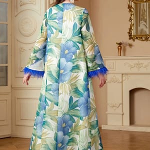 Elegant Floral Print Jalabiya with Appliques and Long Sleeves Elegant Floral Print Jalabiya with Appliques and Long Sleeves