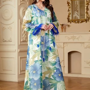 Elegant Floral Print Jalabiya with Appliques and Long Sleeves Elegant Floral Print Jalabiya with Appliques and Long Sleeves