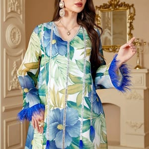 Elegant Floral Print Jalabiya with Appliques and Long Sleeves Elegant Floral Print Jalabiya with Appliques and Long Sleeves