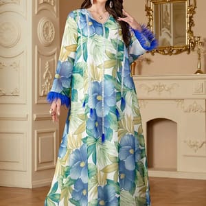 Elegant Floral Print Jalabiya with Appliques and Long Sleeves