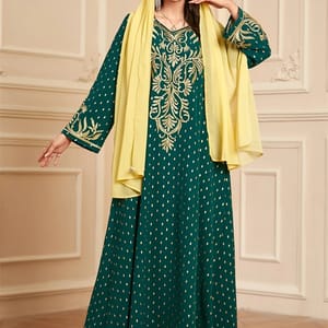 Elegant Embroidered Jalabiya with Matching Scarf and Long Sleeves Elegant Embroidered Jalabiya with Matching Scarf and Long Sleeves