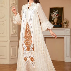 Sequin V-Neck Jalabiya with Flare Sleeves for Ramadan Wear