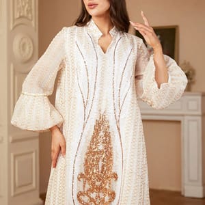 Sequin V-Neck Jalabiya with Flare Sleeves for Ramadan Wear