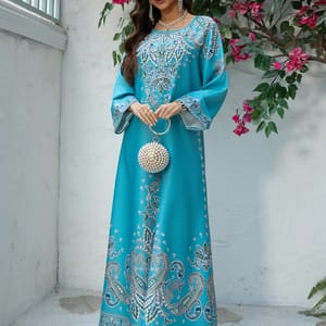 Elegant Floral Beaded Round-Neck Kaftan with Long Sleeves