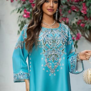 Elegant Floral Beaded Round-Neck Kaftan with Long Sleeves