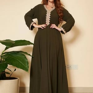 Elegant Solid Diamond-Embellished V-Neck Jalabiya Abaya Dress Siskakia - Women's Jalabiyas 2