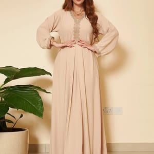 Elegant Solid Diamond-Embellished V-Neck Jalabiya Abaya Dress