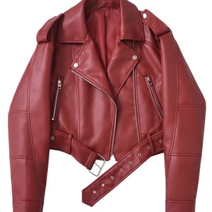 Women's Faux Leather Biker Jacket with Belt and Zipper Details