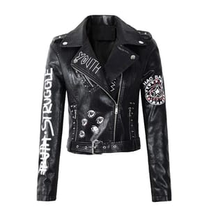 Vintage Graffiti Faux Leather Jacket with Slim Fit and Belt
