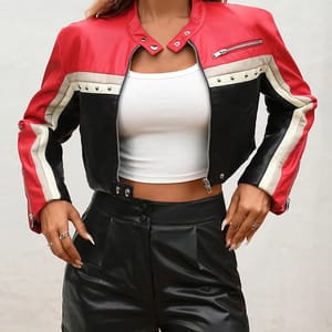 Vintage Faux Leather Rivet Jacket with Short Moto Style Vintage Faux Leather Rivet Jacket with Short Moto Style