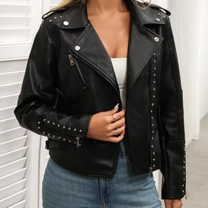 Vintage Black Faux Leather Jacket with Rivet Street Style