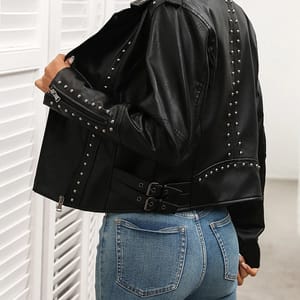 Vintage Black Faux Leather Jacket with Rivet Street Style