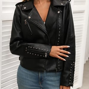 Vintage Black Faux Leather Jacket with Rivet Street Style