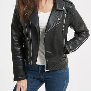 Women’s Short Moto Faux Leather Jacket with Quilted Zipper Details