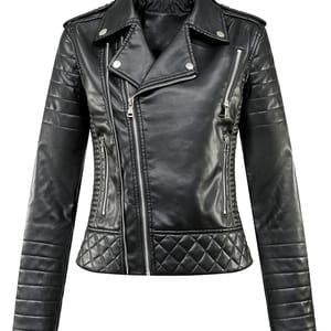 Women’s Short Moto Faux Leather Jacket with Quilted Zipper Details