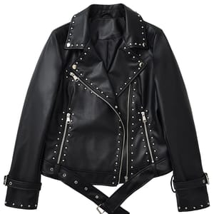 Retro Short Faux Leather Jacket with Zipper and Belt Detail