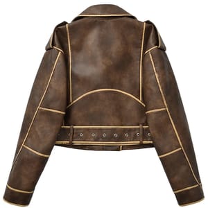 Loose Fit Retro Faux Leather Jacket with Zipper and Belt