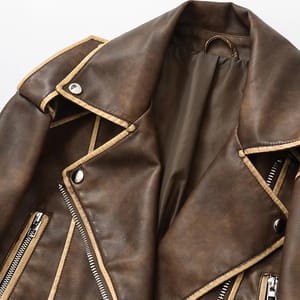 Loose Fit Retro Faux Leather Jacket with Zipper and Belt