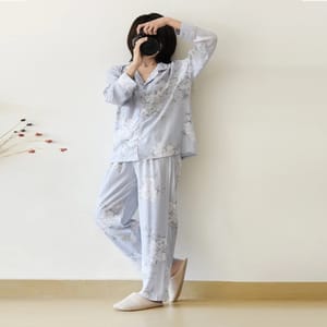 Floral Viscose Silk Lounge Set with Long Sleeves for Women