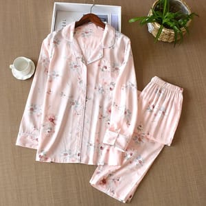 Floral Viscose Silk Lounge Set with Long Sleeves for Women