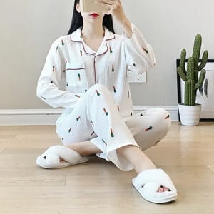 Cotton Crepe Long Sleeve Carrot Print Homewear Sleep Set Cotton Crepe Long Sleeve Carrot Print Homewear Sleep Set
