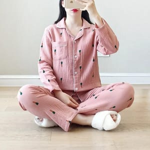 Cotton Crepe Long Sleeve Carrot Print Homewear Sleep Set Cotton Crepe Long Sleeve Carrot Print Homewear Sleep Set