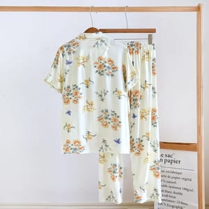 Floral Viscose Short Sleeve Lounge Set with Long Pants Cloud Cotton - Women's Loungewear 1