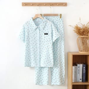 Cotton Crepe Short Sleeve Loungewear Set with Shirt Collar Cotton Crepe Short Sleeve Loungewear Set with Shirt Collar